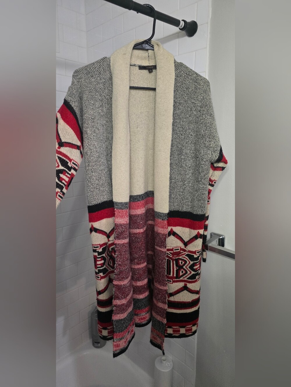 Open-Front Patterned Long Cardigan in Cream, Gray and Red